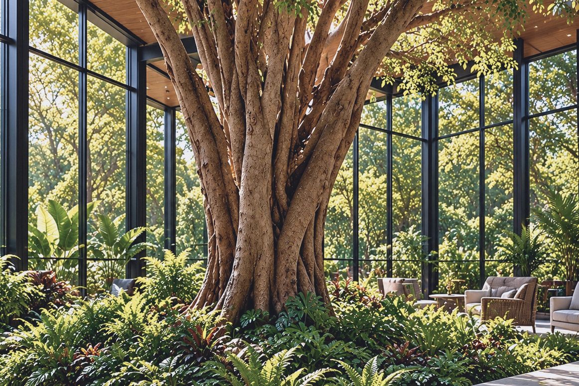 Glass conservatory built around a mature tree