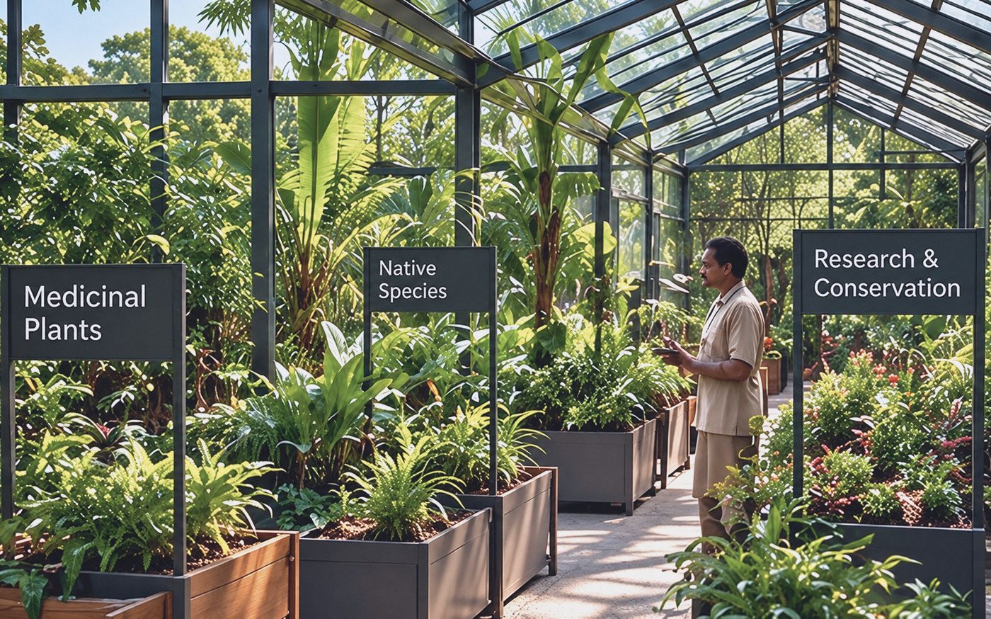 Research glasshouse with signs for medicinal plants, native species and conservation