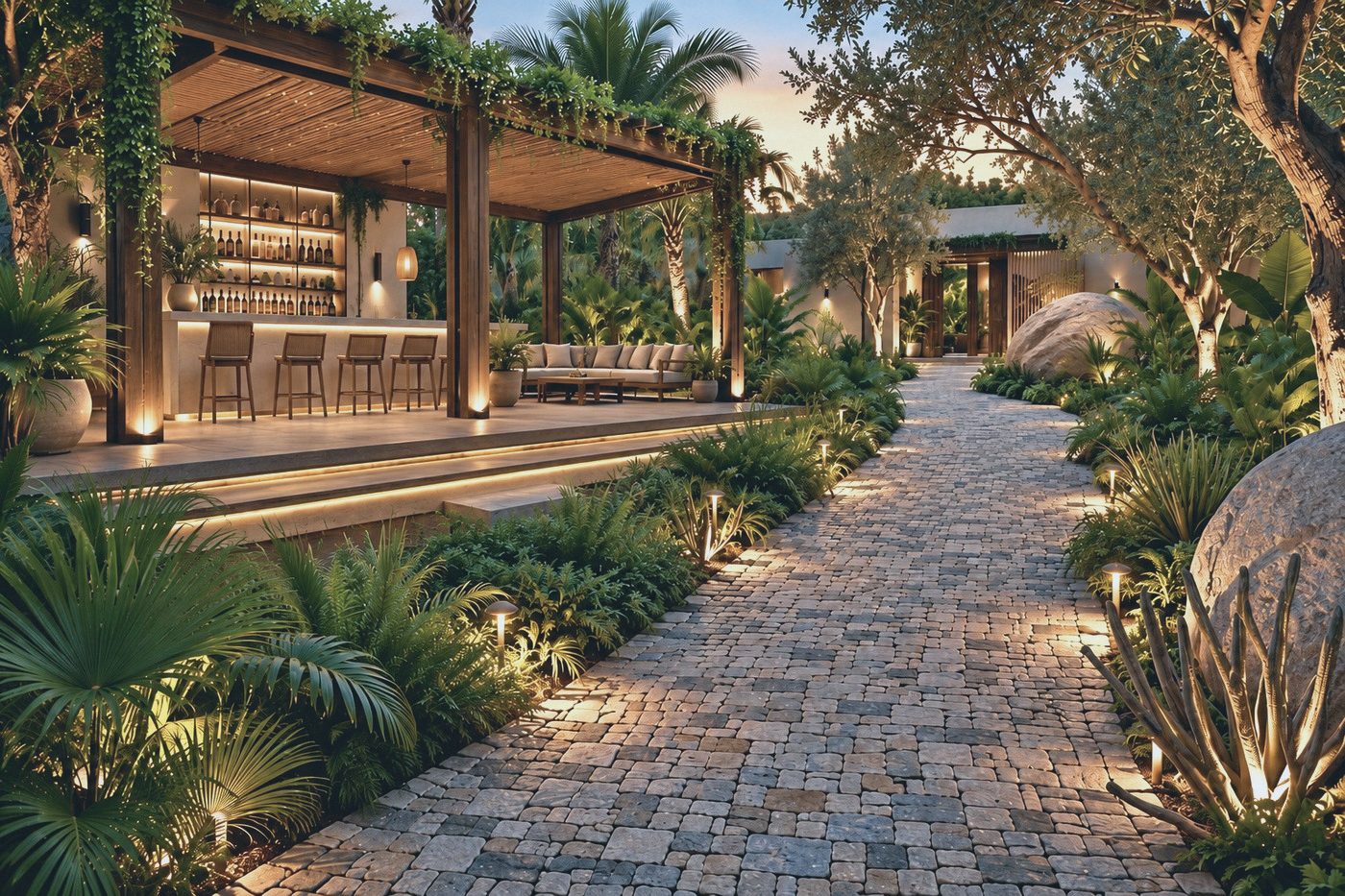 An outdoor garden bar and events pavilion lit at dusk beside a stone path