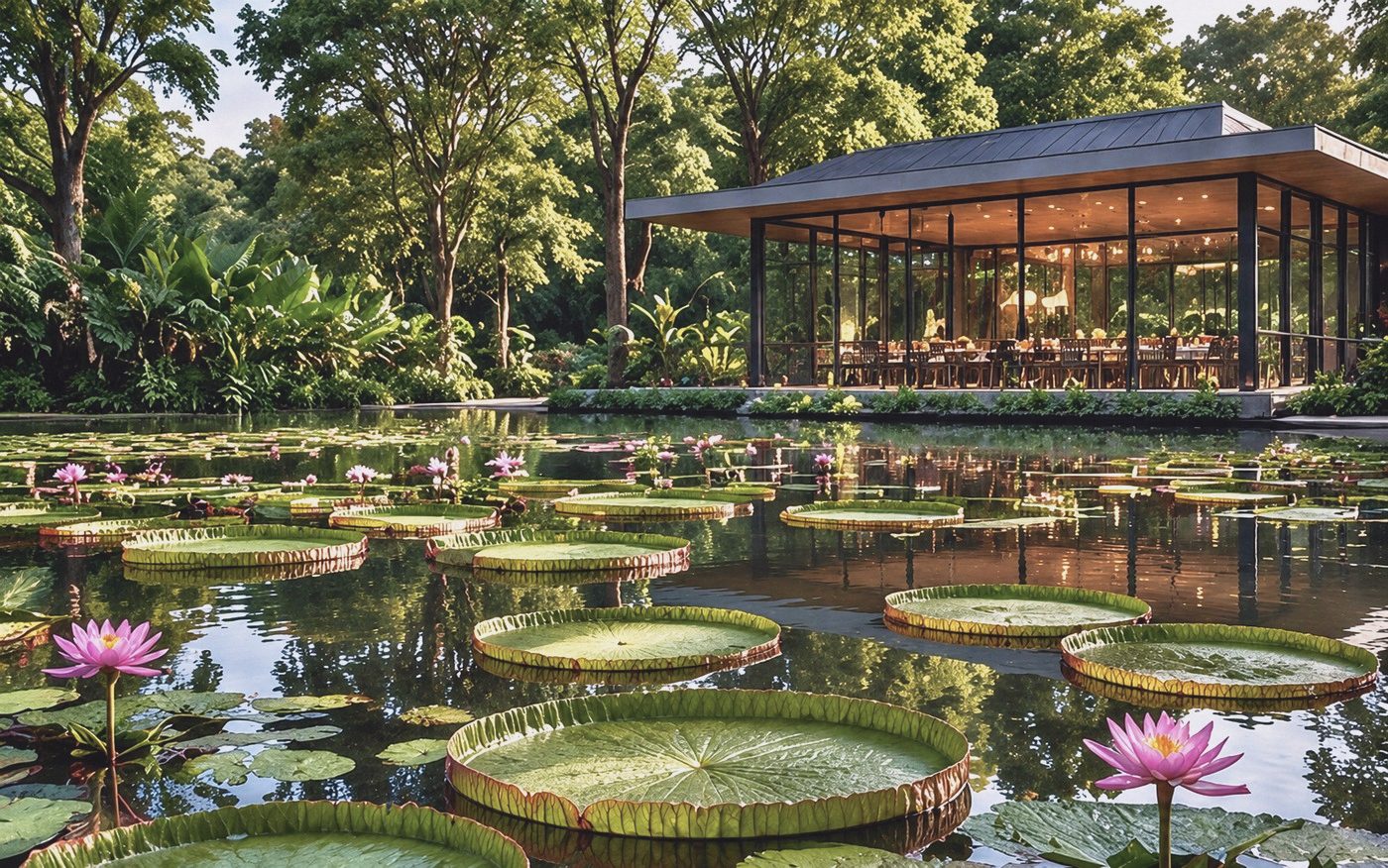 Water lilies on a pond before a glass pavilion