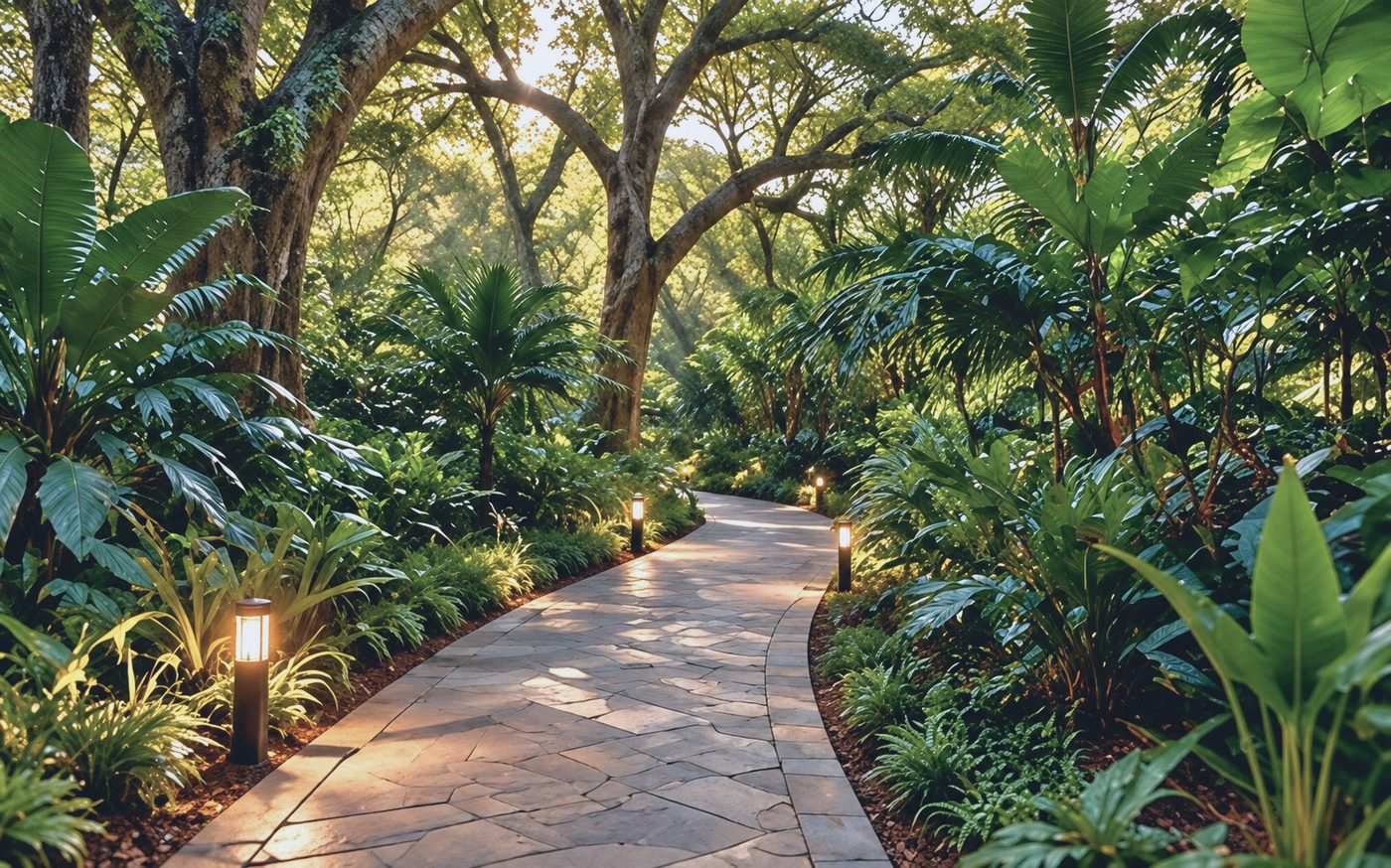 Lit stone path through dense tropical planting