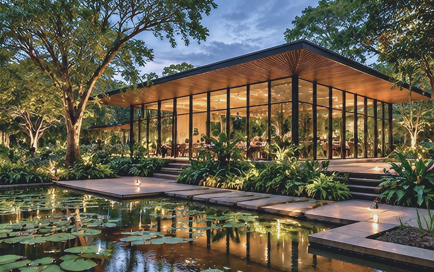 Glass pavilion lit at dusk beside a lily pond