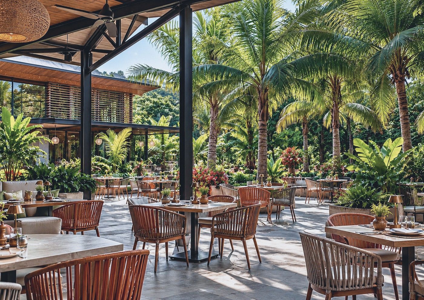 Garden restaurant terrace under a timber and steel canopy among palms