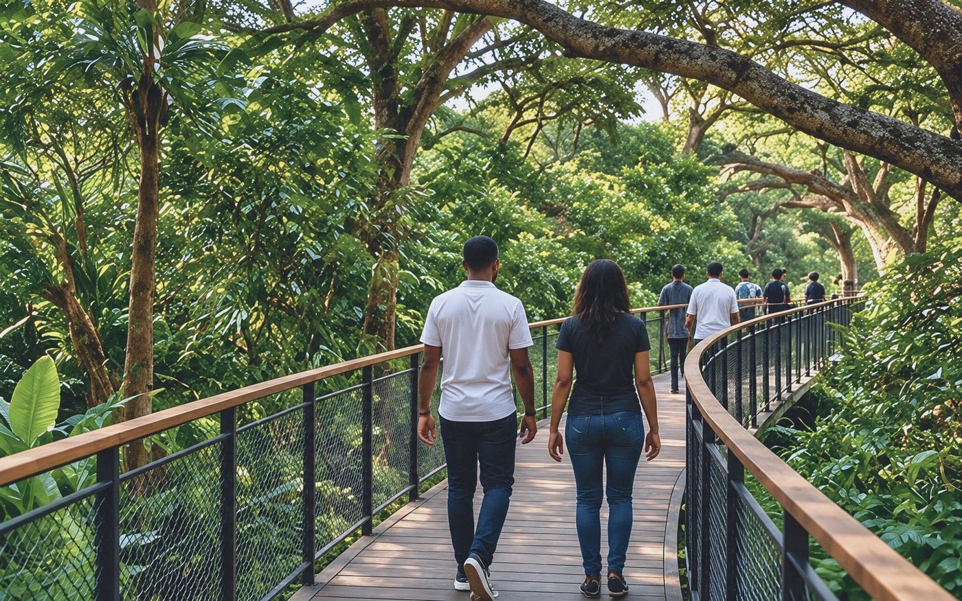 Visitors on an elevated timber walkway among forest trees