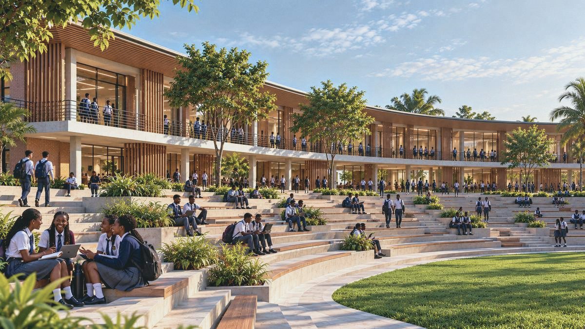 Students on the curved amphitheatre courtyard between timber and brick buildings