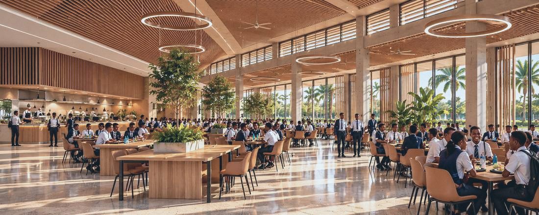 Students dining in a timber-ceilinged hall with tall glazing