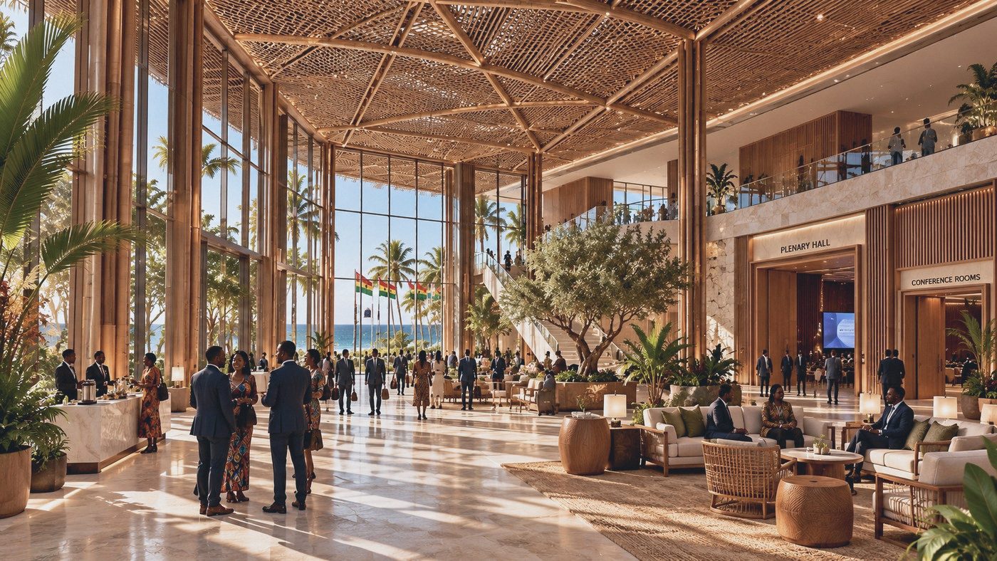 The conference centre foyer under a woven timber canopy, open to the sea