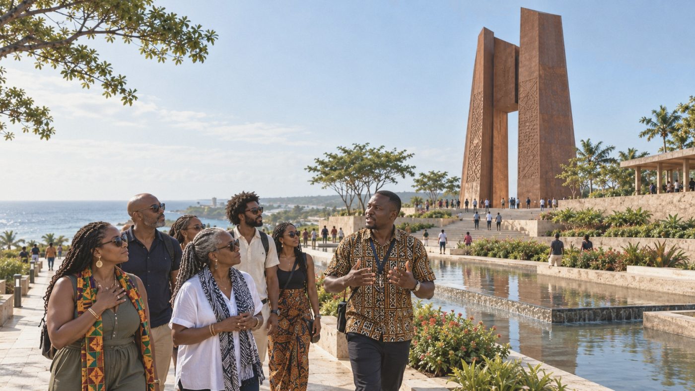 Visitors walking beside the reflecting pool toward the Return Monument, its twin laterite towers framing the Atlantic