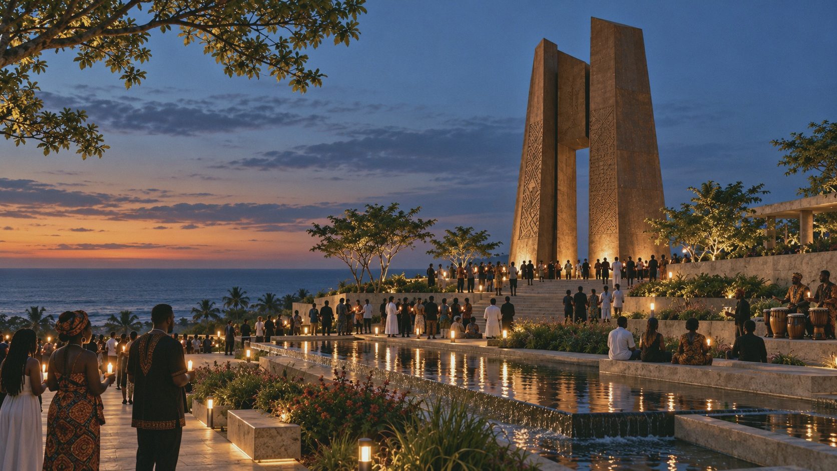The Return Monument at dusk, its twin pillars lit above a reflecting pool, with people gathered facing the Atlantic