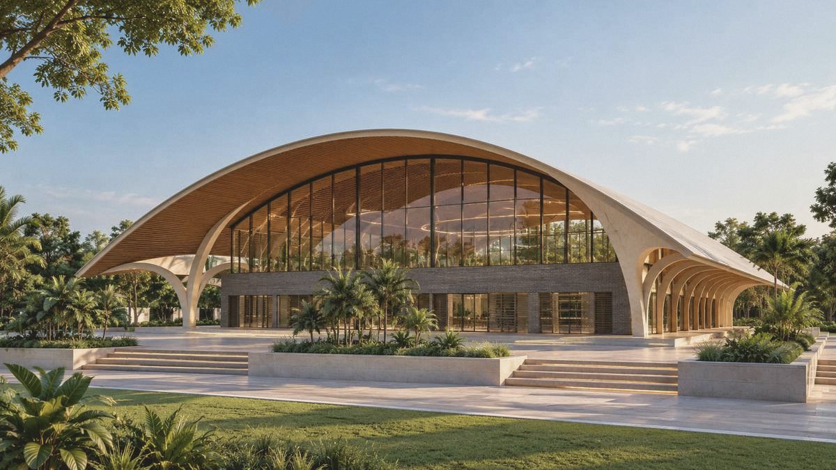 Multipurpose hall and auditorium with a timber arched roof