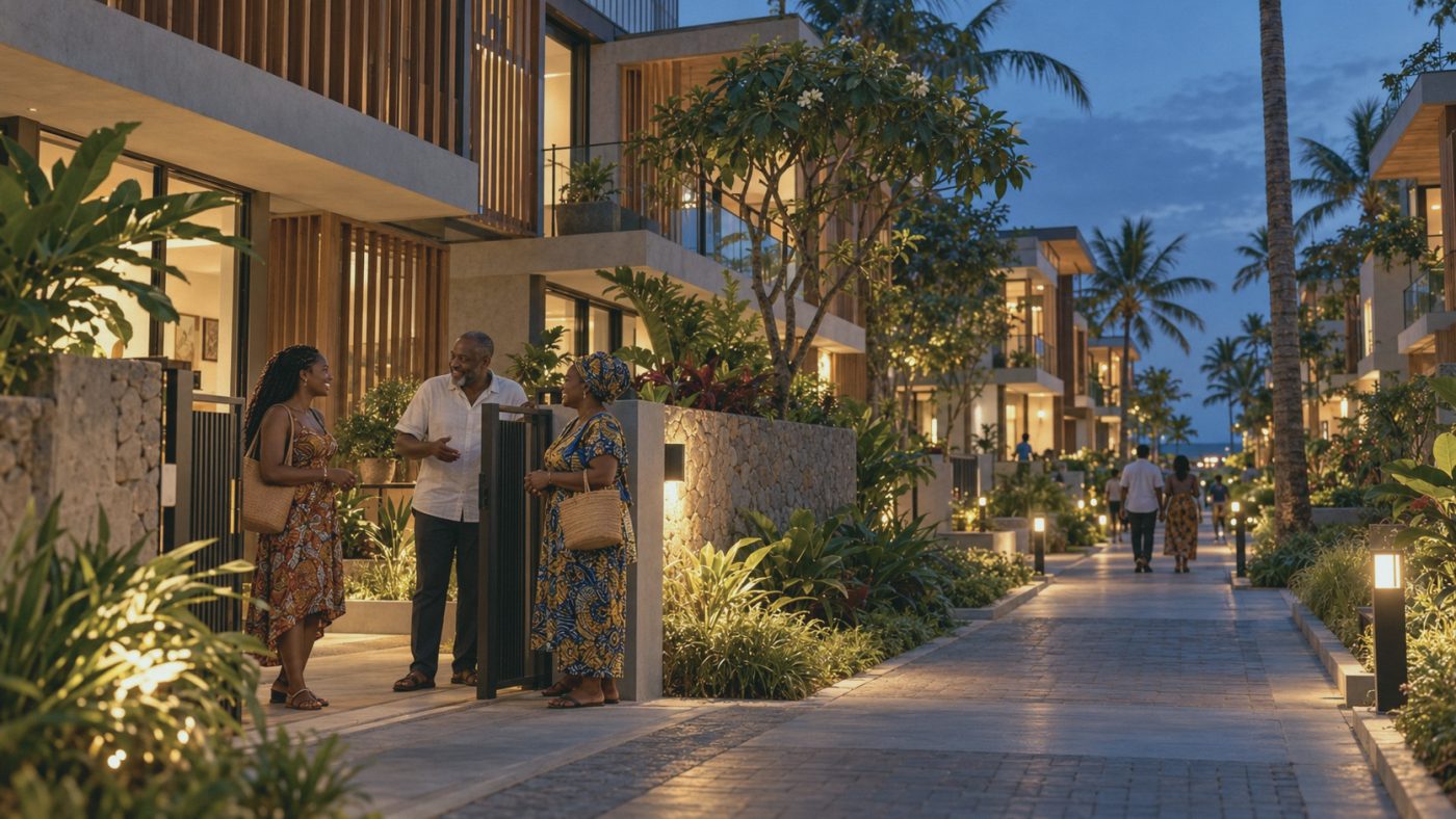 Neighbours talking at a garden gate on a residential street at dusk