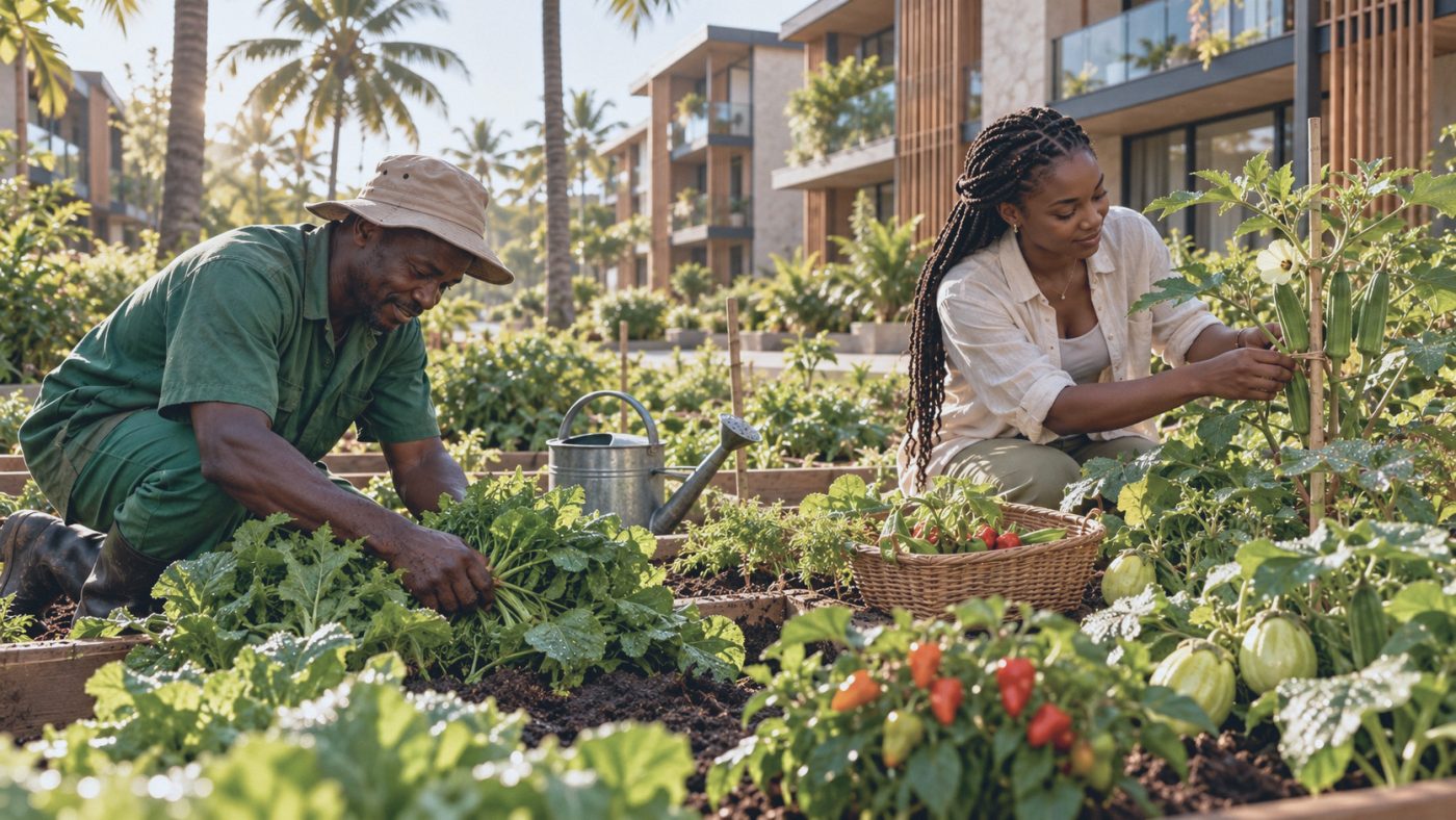 A gardener and a resident tending a shared vegetable plot between the homes