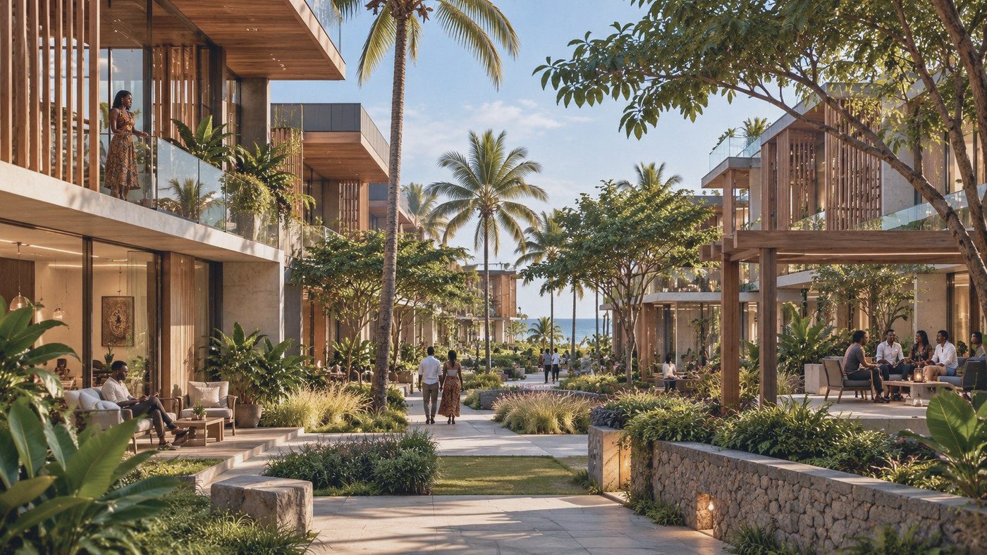 A palm-lined residential path between timber and stone homes, the sea beyond