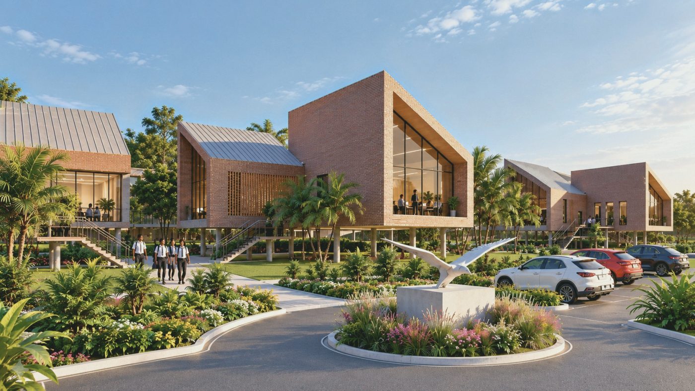 Brick-clad campus buildings with timber-framed glazing among tropical gardens