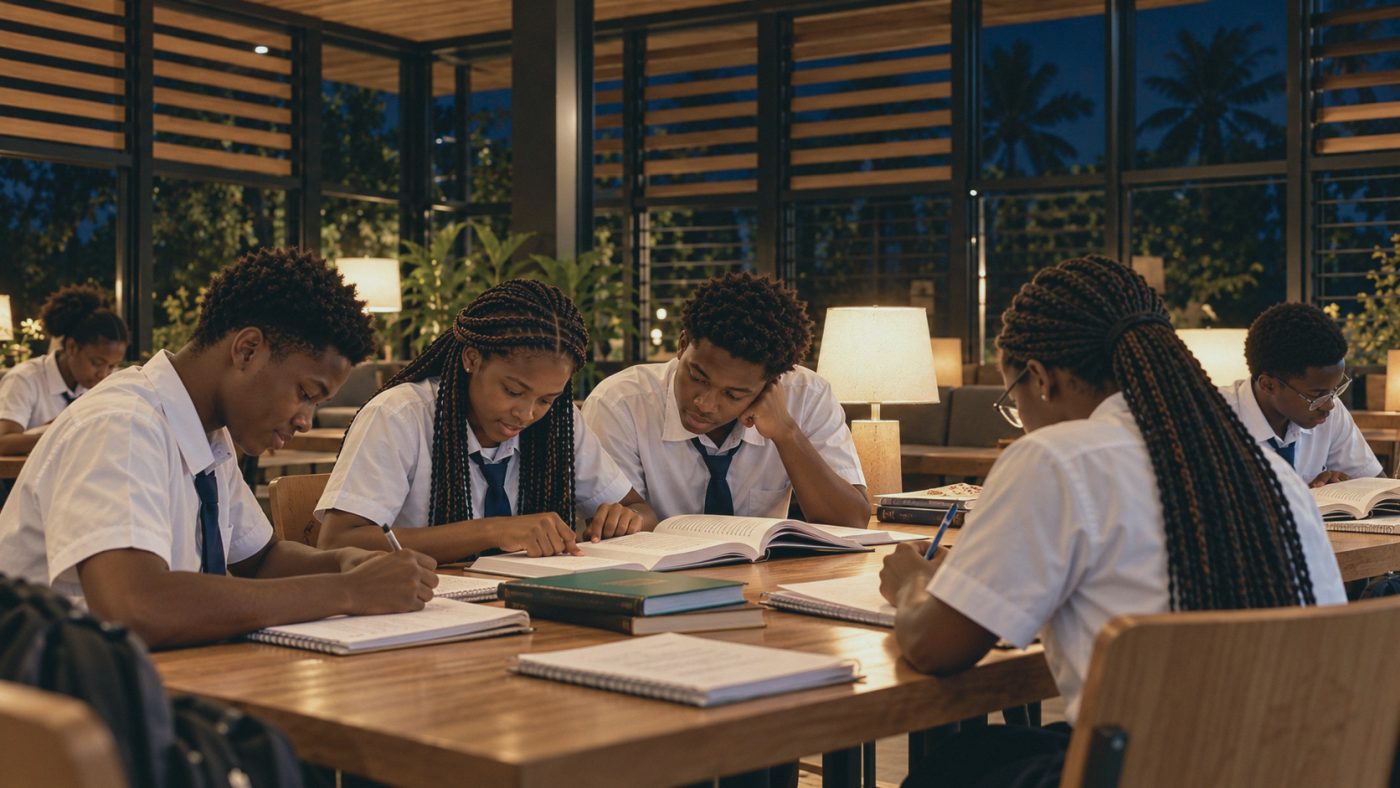 Boarders at evening prep around a lamplit study table